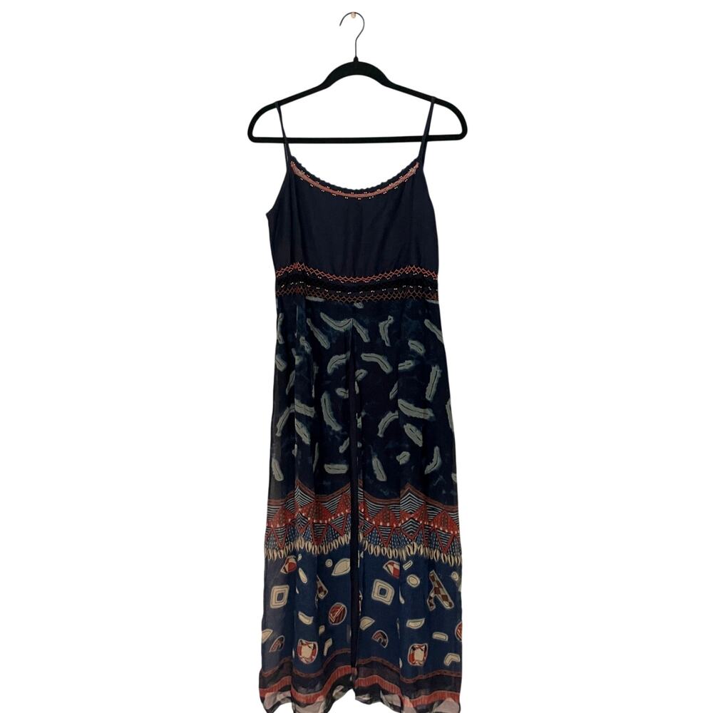 Rene Derhy Dress Blue Boho Midi Beaded Spaghetti Strap Sheer Overlay y2k-Large